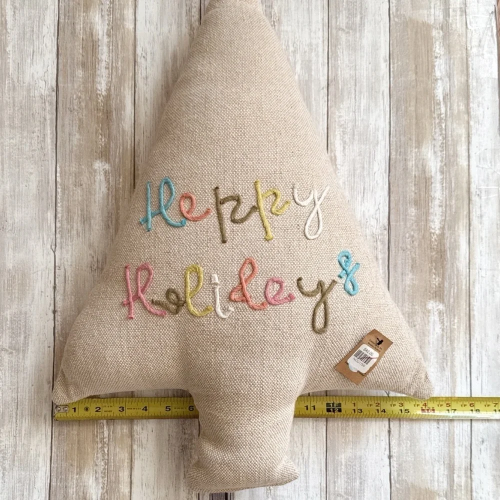 Creative Co-op Happy Holidays Embroidered Cotton Jute Throw Pillow 24” Inches